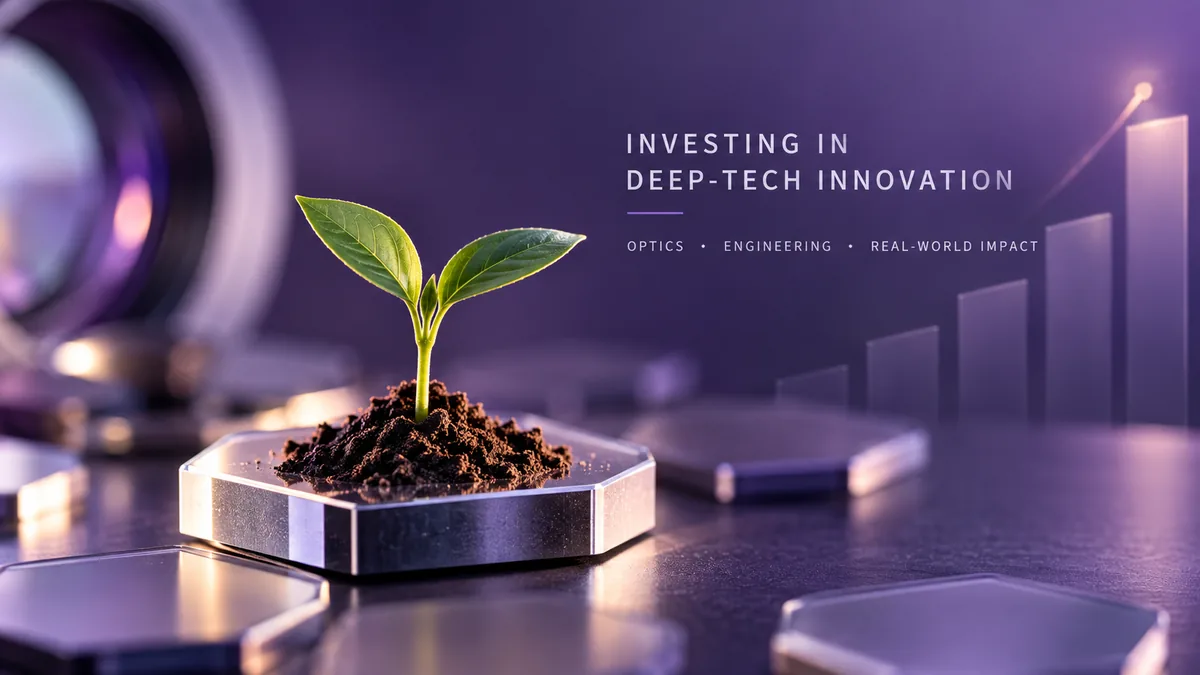 Conceptual deep-technology investment image representing growth in optics, engineering, and manufacturing